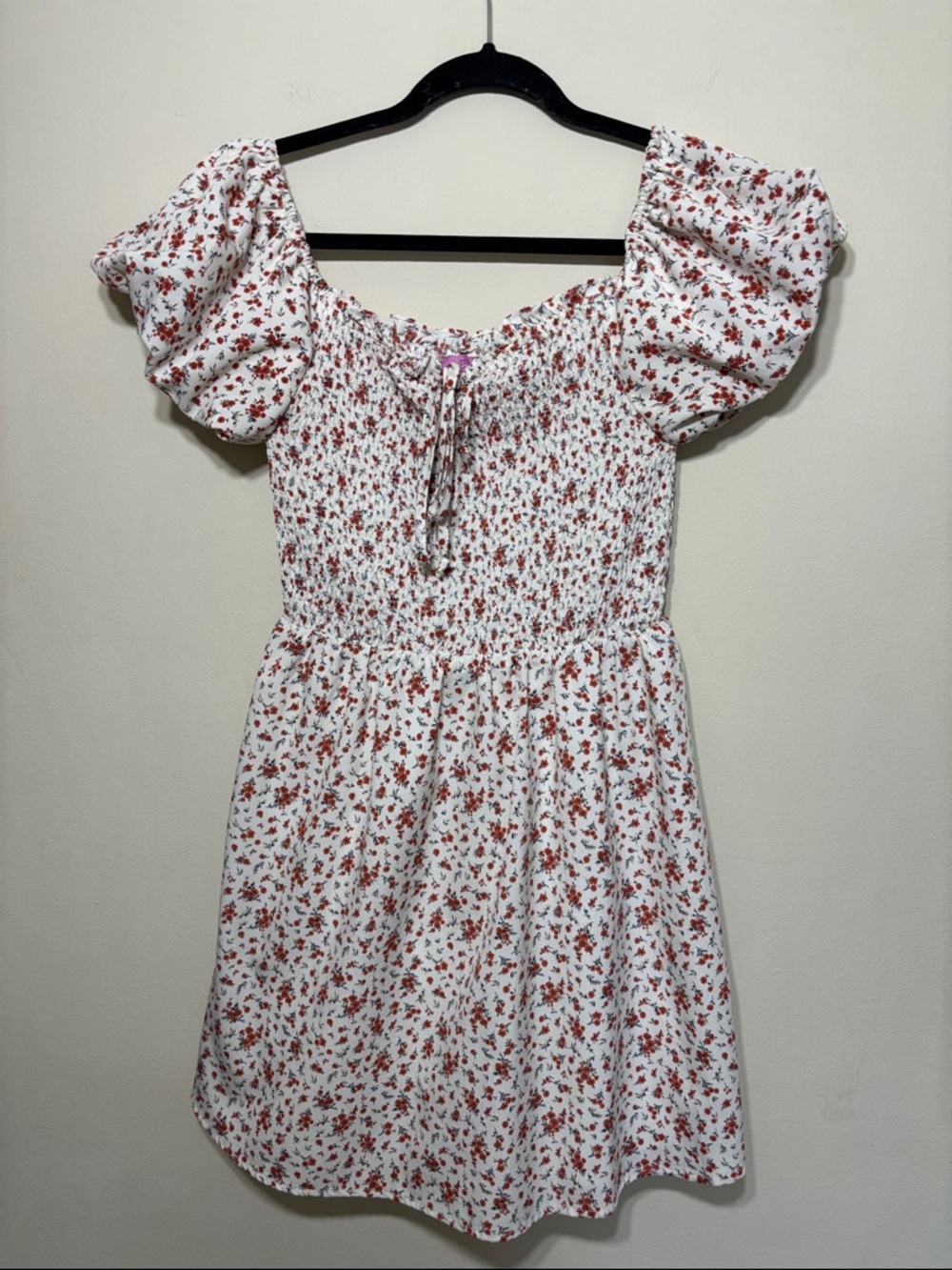 Mi Ami for Francesca’s White Floral Smocked Mini Dress with Puff Sleeves